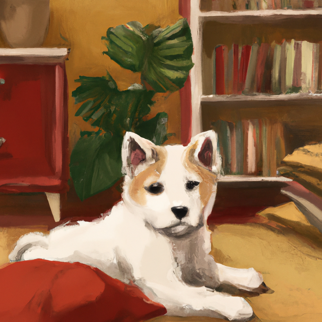 AI-generated image for: a cute puppy in a warm home, living room, realistic