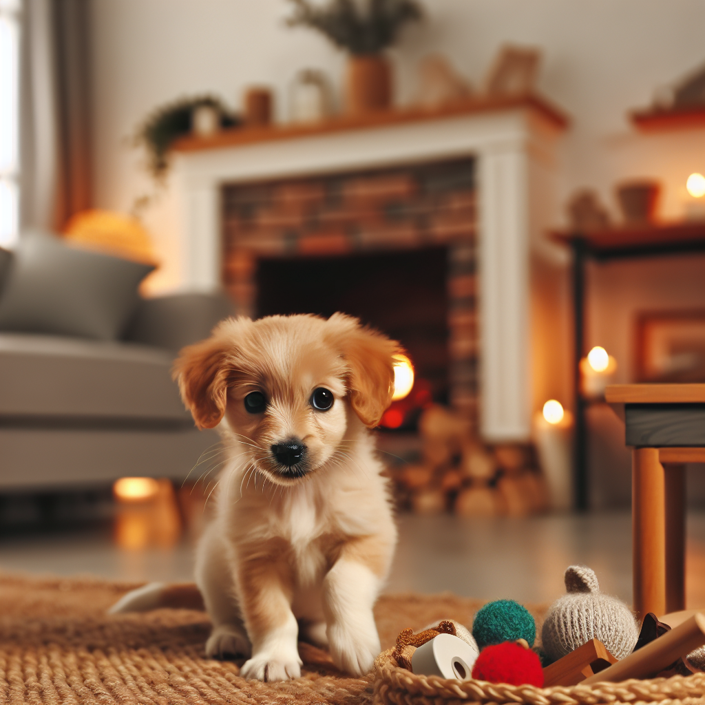 AI-generated image for: a cute young puppy playing in a warm home